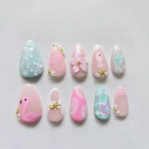Almond press on nails summer flamingo tropical flower gold accent application packet trendy nails for summer designs funky nails