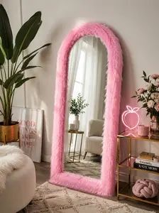 HESSENCE HOUSE Luxury Furry Full Length Mirror, 66"x26" Full Body Floor Mirror, Standing Hanging or Leaning Wall Mirror, Arched/Rectangle Full-Length Mirror with Plush Faux Fur Frame & HD Explosion-Proof Glass, Bedroom Cloakroom Decor, Pink/Black