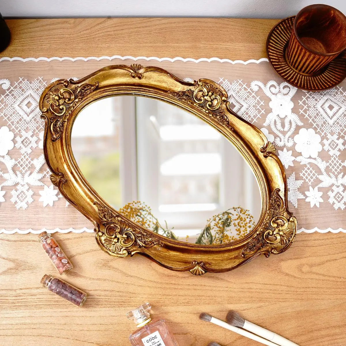 Vintage Oval Shaped Mirror Tray, 1 Count Exquisite Retro Desktop Makeup Mirror Ornament, Desktop Cosmetic Storage Organizer for Home Dormitory Bathroom Office, Makeup Tool Organizer, Cosmetics Organizer Storage, Decorative Organizer