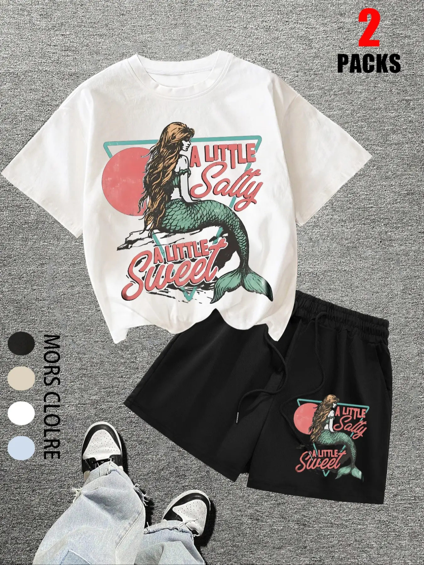 2 Piece Women's Casual Everyday T-Shirt Round Neck and Checkered Shorts Set, Matching Clothing Set, Outfit, Mermaid Pattern Summer for Beach Vacation, Stylish Comfortable Loose Fit