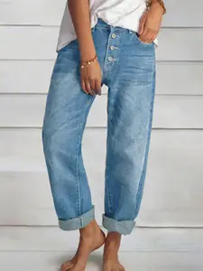 Women's Plain Button Fly Straight Leg High Waisted Jeans, Casual Street Fashion Denim Pants for Daily Wear, Ladies Bottoms for All Seasons, Womenswear, Streetwear