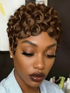 Pixie Human Hair Pixie Cut Wig, Short Curly Wavy Wig with Bangs, Natural, Rose Net Cap, Elegant Style for Women