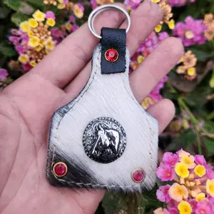 Leather Cow hide  Cattle Tag Keychain