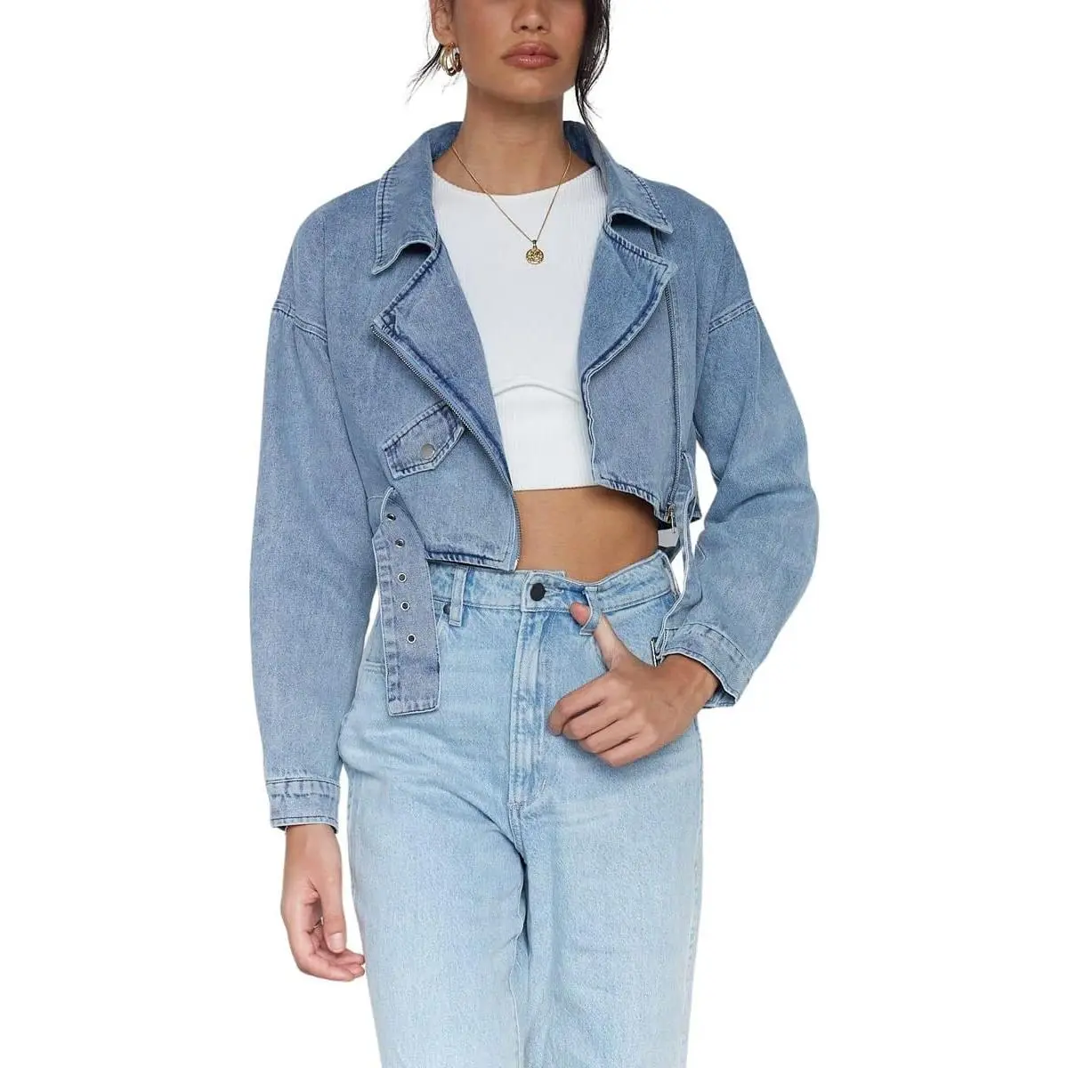 Women's Boyfriend Jean Shakcet Jacket Zipper Belted  Denim Blazer Jacket
