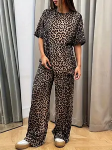 Women's Fashion Leopard Print 2-Piece Set, Short Sleeve Round Neck Loose Top & Elastic Comfort Wide Leg Pants, Casual Home Wear