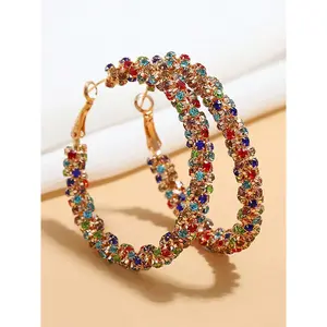 Colorblock Rhinestone Decorated Hoop Earrings for Women, Daily Use, Trendy All-match & Exquisite Jewelry for Birthday Gift, High Quality Earrings