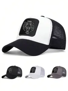 Tiger Embroidered Mesh Baseball Hat, Graphic Trucker Hat, Unisex Outdoor Breathable Sun Protection Cap, Street Style Loose-Fitting Design