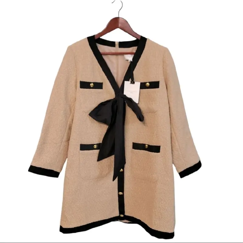 Pomander Place Nwt Tan Coco Tweed Bow Dress for Women Size XL with Black Trim and Buttons Casual Summer Womenswear Vneck