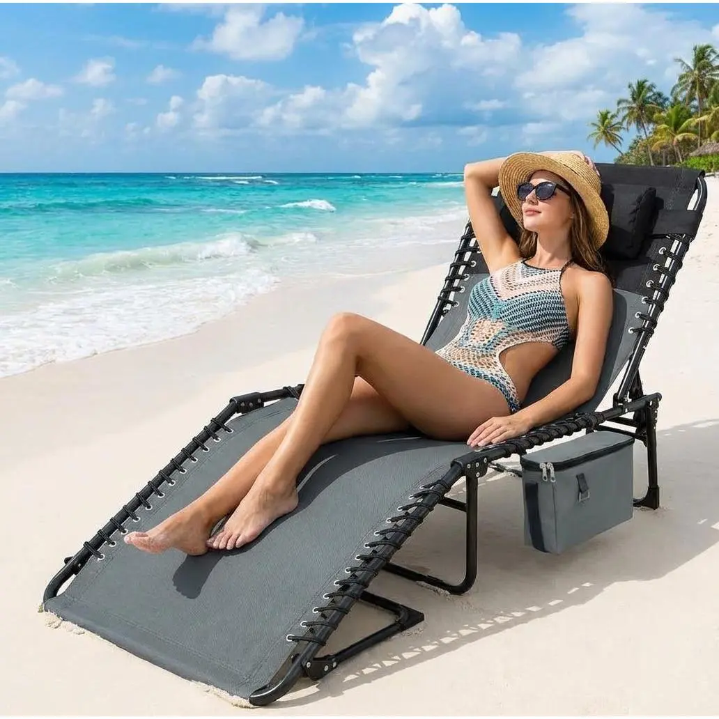 Outdoor Chaise Lounge Chair, 5-Position Adjustable Folding Lounger with Carry Handle & Side Pocket, Portable Lounge Cot with Removable Pillow for Beach, Patio, Pool, Garden and Camping