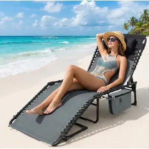 Outdoor Chaise Lounge Chair, 5-Position Adjustable Folding Lounger with Carry Handle & Side Pocket, Portable Lounge Cot with Removable Pillow for Beach, Patio, Pool, Garden and Camping