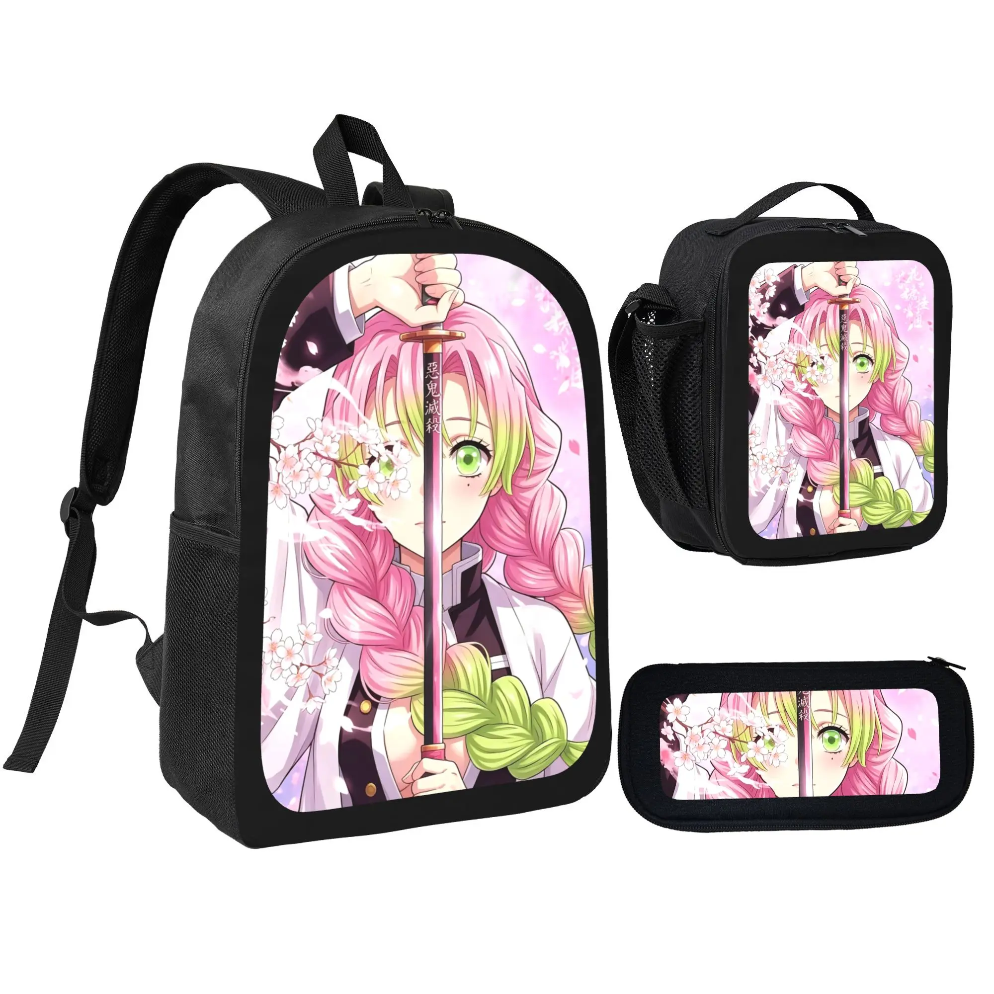 Demon Slayer Anime Print Backpack for Teens, 3PCS Lightweight Durable Bookbag Combo with Thermal Lunch Bag & Zipper Pencil Case, Casual Large Capacity Daypack for School Camping Travel