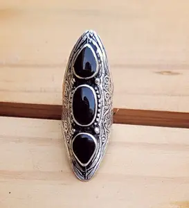Black Aqeeq Stone Ring: Afghan Silver Wirework Saddle Ring, Size 7