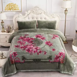 Korean  Blanket  Size, 2 Ply 10 Pounds Plush Fleece Bed Blanket - Soft, A&B Printed Thick Heavy Warm Blanket for Winter (Grey Green Floral, (85"x 93"))