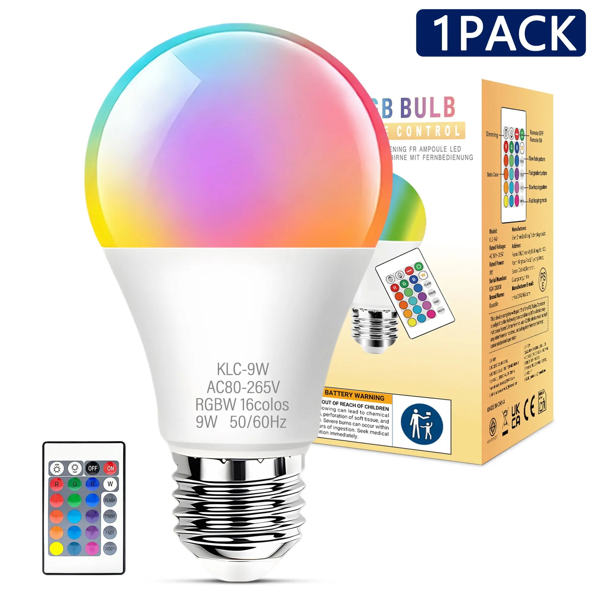 Kaotile RGB LED Light Bulb E27, 9w Adjustable Colors with Remote, Ideal for Home Decor and Parties, Standard Edison Base, Led Atmosphere Lights, Interior Led Lighting