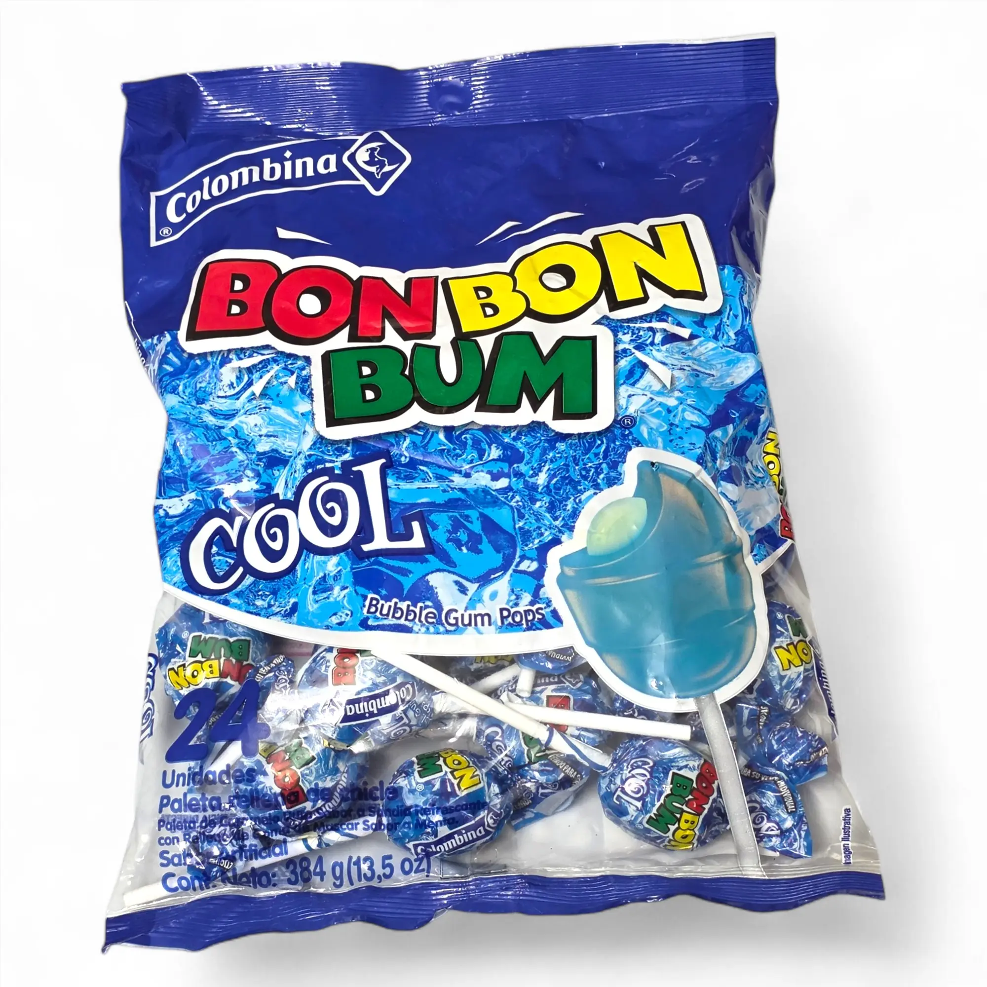 Colombina Bon bon bum Cool 384g 24Unit Bubble gum Pops - Elegant Packaging for Parties and Gatherings - Snack