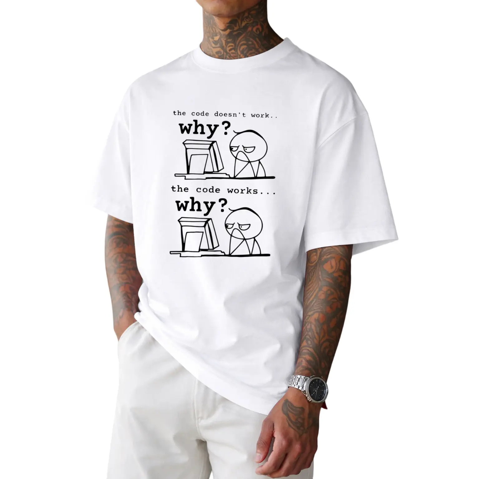 Men's Funny Coding T-Shirt - "Code Is Okay...? Because Endpoints Can't Be" Graphic Short Sleeve Shirt - Lightweight Summer Developer Top with Tech Humor Gift Suitable for Programmers, Tech Geeks & Computer Science Students