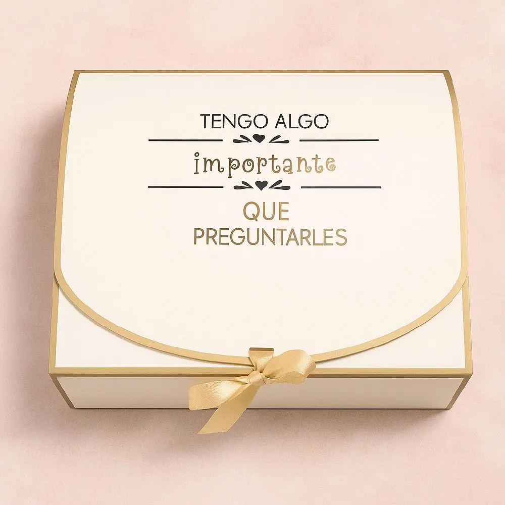 Personalizable Bautizo Padrinos Themed Gift Packaging Box - Gift Wrapped, Elegant Gold Ribbon, "Tengo Algo Importante Que Preguntarles" Design, Baptism Party Supplies Set
