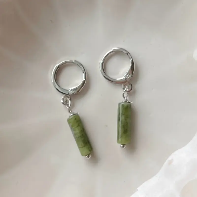 Green Jade Gemstone Silver Hoop Earrings Green Bead Drop Earrings Gold Filled Huggie Earrings Gold Dainty Handmade Jewelry Bridesmaids Gift