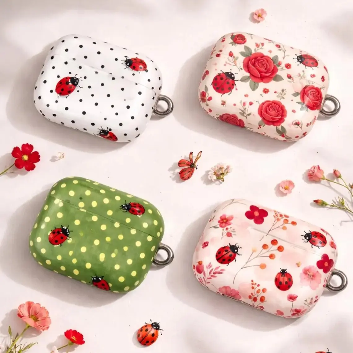 Ladybug AirPods Case – Whimsical Nature Design with Polka Dots, Roses & Flowers, Available in White, Cream, Green & Pink, Fits AirPods Pro (Gen 1/2) & AirPods (Gen 1/2/3), Playful Gift for Cottagecore Fans