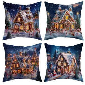 Christmas Themed Cushion Cover, Gingerbread House & Candy Cane Pattern Cushion Cover without Filler, Decorative Throw Pillow Cover for Home Sofa Bed