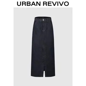 URBAN REVIVO Split Hem Denim Midi Skirts Casual Outfit 2025 Women Clothing Girl Elegant Fashion Trendy and Versatile OOTD