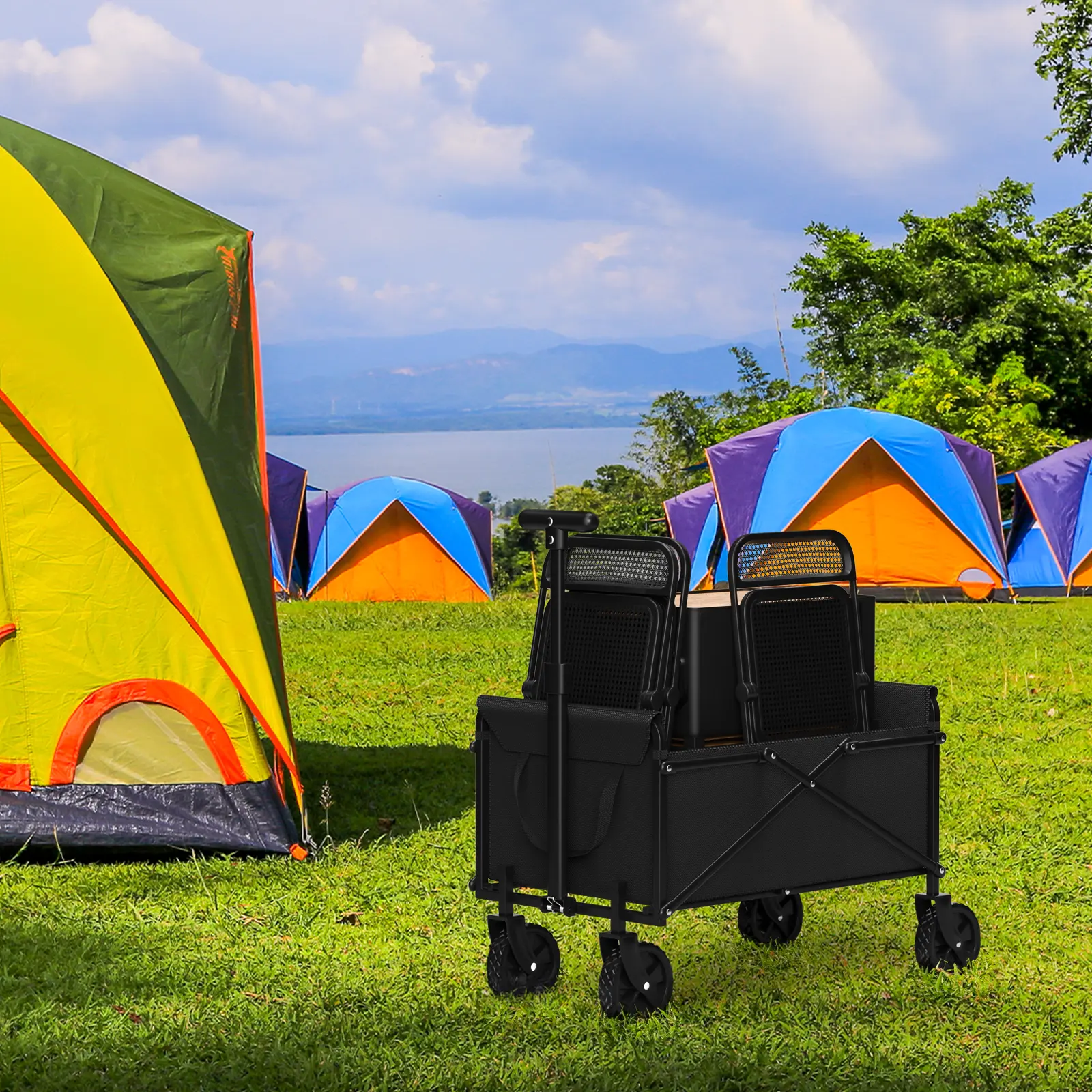 Foldable Wagon Cart, One-Pull Easy Collapse Beach Wagon, Effortless Folding Utility Cart, 330LBS Heavy Duty All Terrain Wheels
