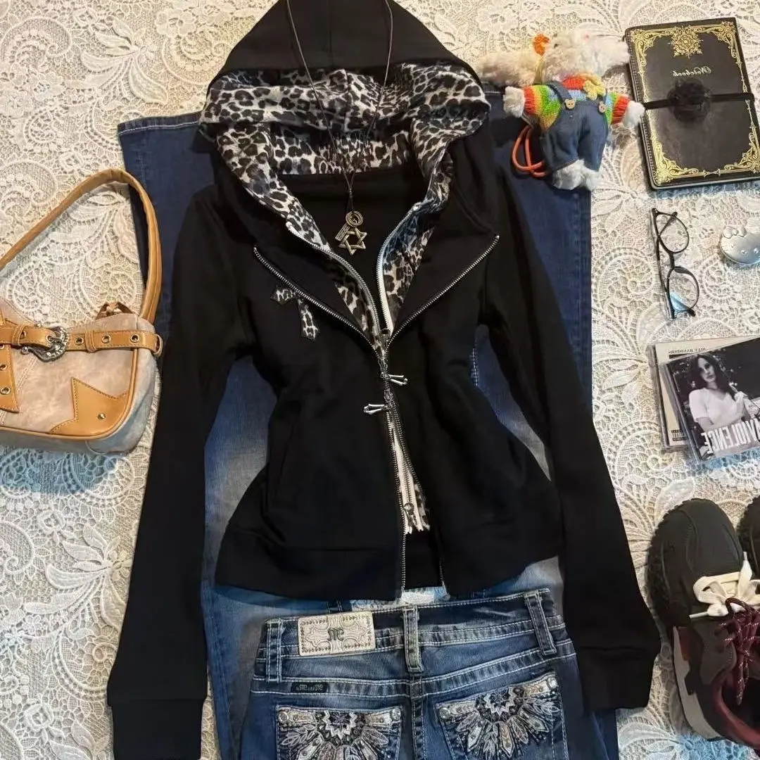Y2K Alt‑Style Hooded Zip Jacket Leopard Print Inner Lining Slim Fit Long Sleeve Casual Coat