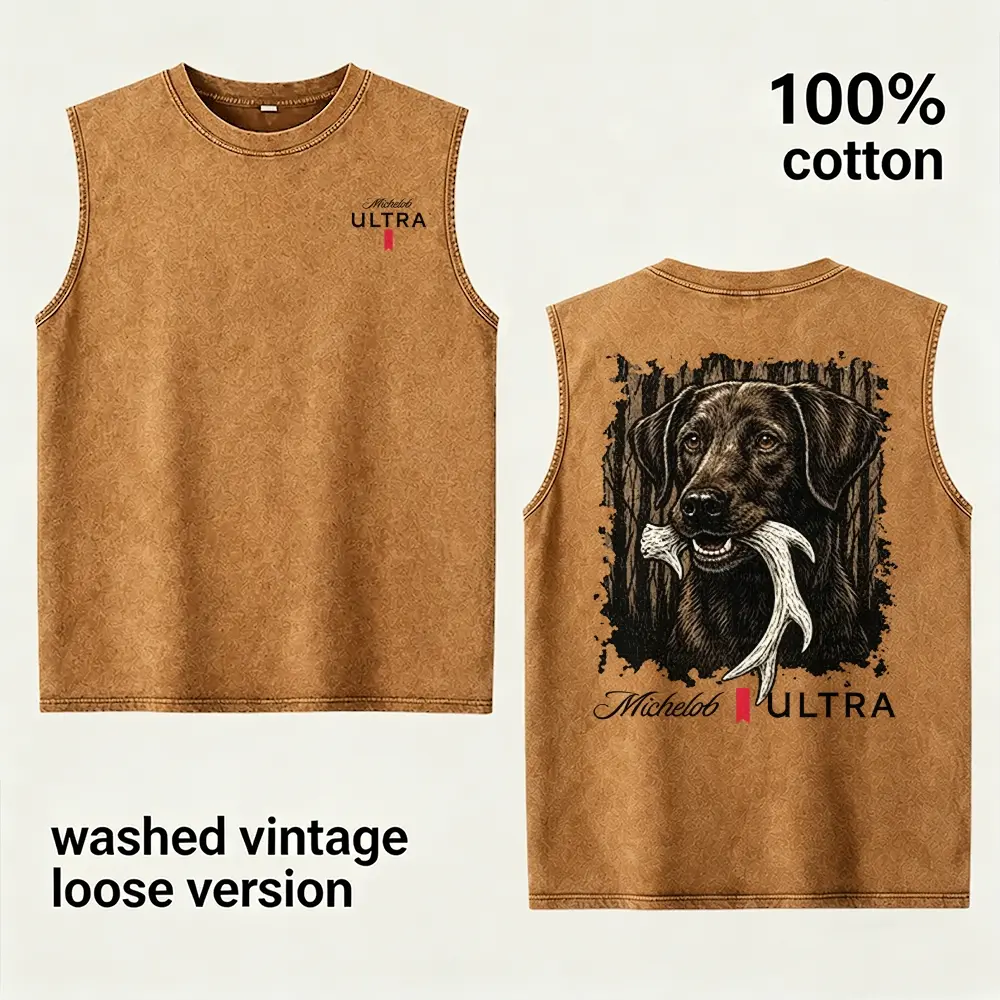 Vintage Washed Hunting Dog Graphic Tank for Men 100% Cotton Oversized Sleeveless Muscle Shirt Retriever with Deer Antler Outdoor Hunting Tee Casual Streetwear Summer Graphic Top Hunter Gift for Dog Lovers