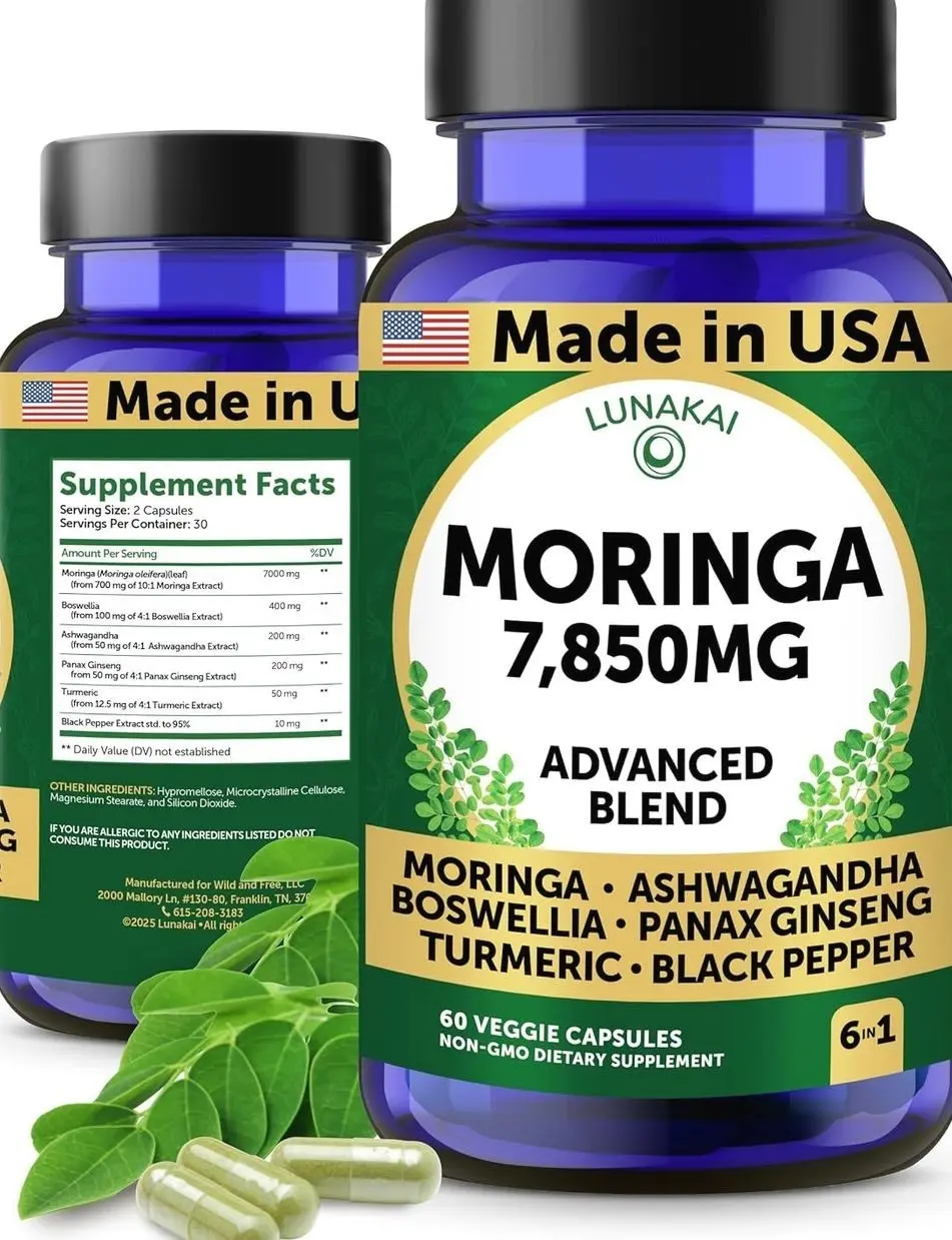 Lunakai USA Made Pure Moringa Capsules – Advanced Moringa Leaf Extract Supplement with Ashwagandha, Boswellia, Ginseng & Turmeric, 60ct