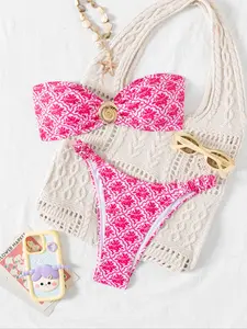 Women's Ethnic Floral Bikini Set with Metal Conch Decoration, Sexy Fitted Two-Piece Swimsuit, Fashionable Tropical Print Bikinis Summer Swimwear, Ethnic Pattern Bikini, Flower Print Bikini