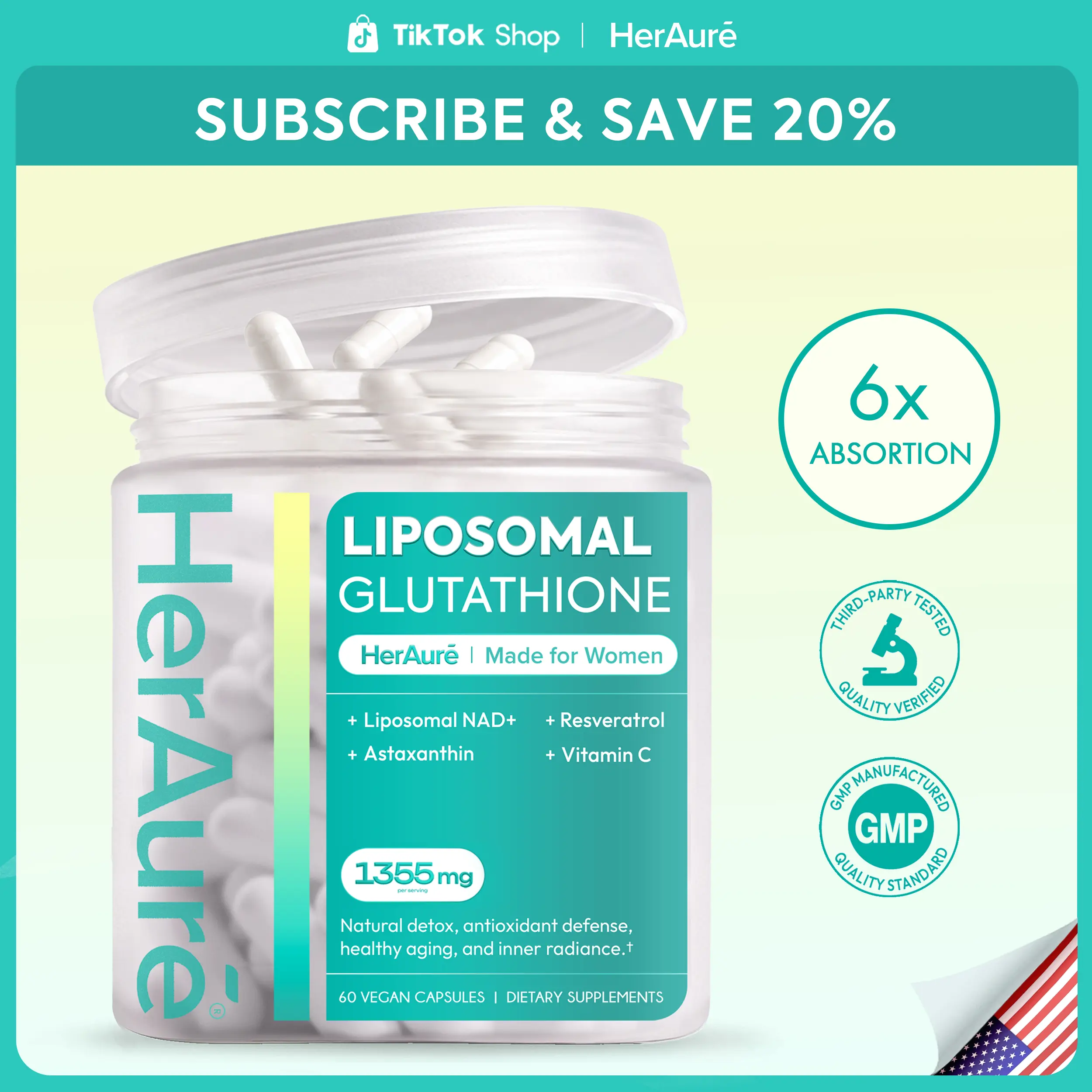 HerAuré Liposomal Glutathione 1355mg - Glutathione Supplement with Resveratrol, NAD+, Vitamin C & Astaxanthin - Ultra-High Absorption for Healthy Skin, Oxidative Stress Defense, Immune Support, Daily Energy & Liver Detox Support
