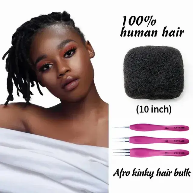 EXYHAIR Bulk Human Hair Extensions, 10 in Afro Kinky Premium Human Hair for Dreadlocks and Twisting, Natural Black with Crochet Hook