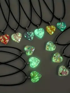 10 Piece Glow in the Dark Resin Heart Pendant Necklace Set Fluorescent Heart Chain with Black Leather Cord Christmas Valentine's Day Gift DIY Jewelry Making Supplies Cute Shiny Bead Fashion Luminous D
