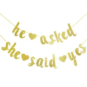 He Asked She Said Yes Gold Glitter Banner - Wedding, Engagement, Bridal Shower Party Decorations