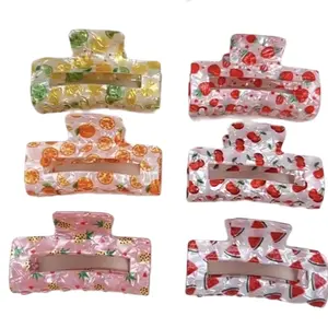 2 for $10 Fruit Themed Hair Claw Clips Strawberry Cherry Hair Claws Watermelon Lemon Hair Claw Clip Non Slip Hair Jaw Grips Rectangle Strong Hold Hair Clamps Decorative Hair Clasps for Women Girls