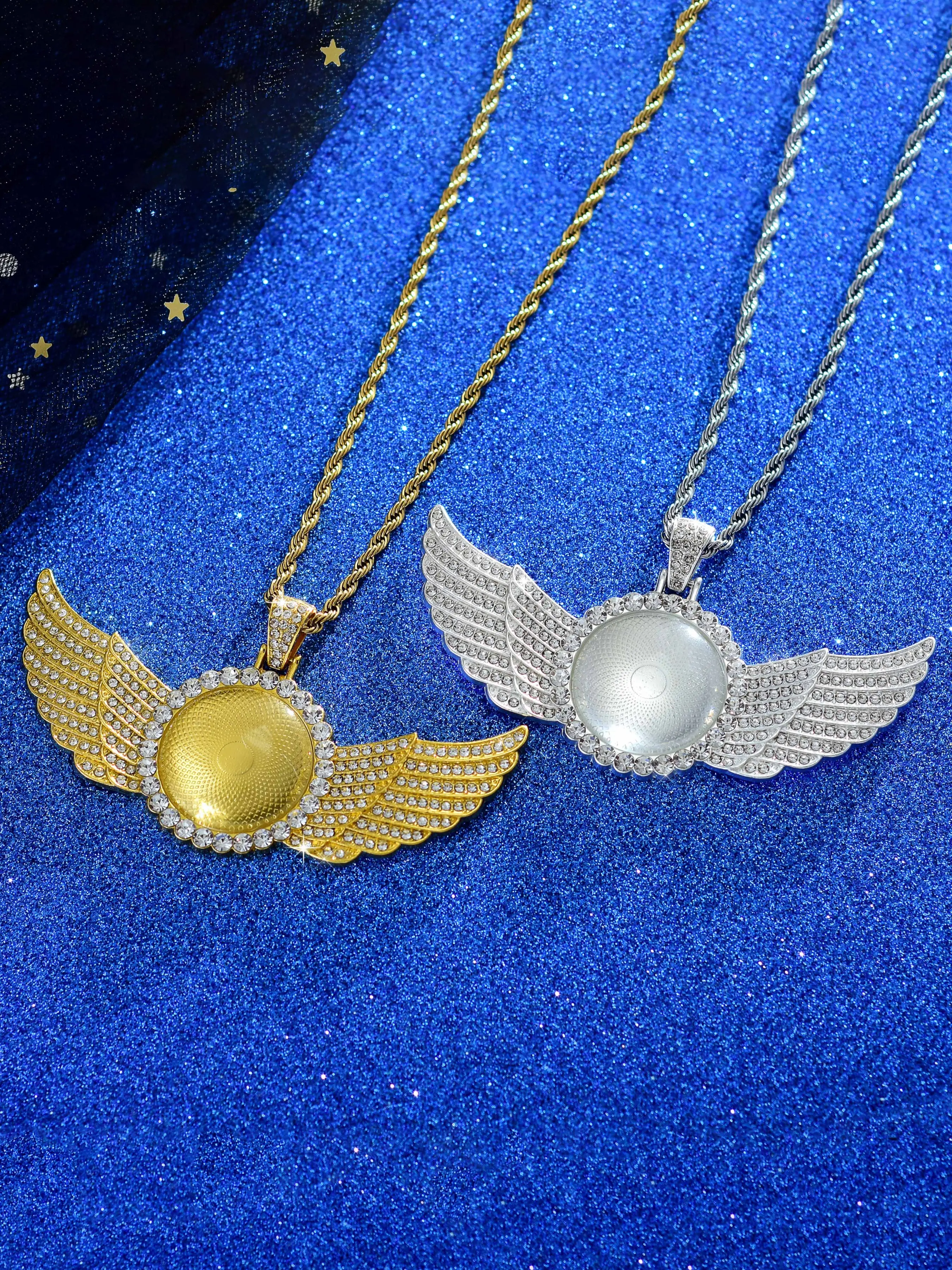 Hip Hop Fashion Creative Photo Wings Round Pendant Necklace, Dazzling Jewelry for Men Women, Ideal Gift for Friends, Daily Matching, Iced Out Jewelry, Jewelry Gifts, Chain Jewelry
