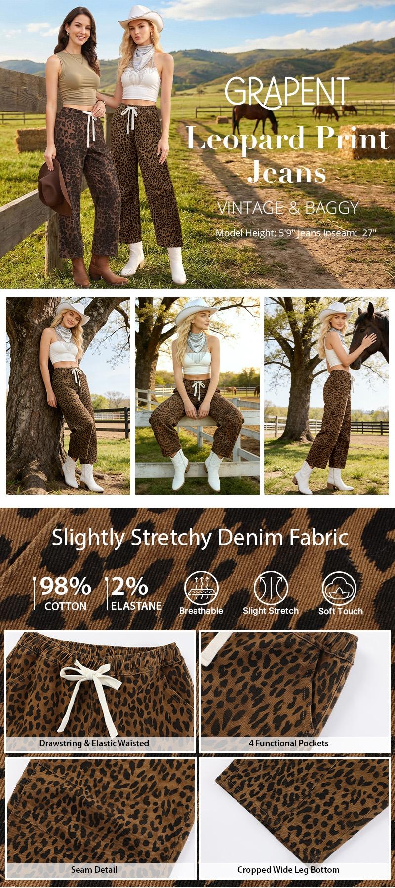 【GRAPENT Barrel Jeans Collection】Women's High-Waisted Stretchy Leopard Print Pull-On Cropped Ankle Denim Bottoms, Stylish Women's Wear for Early Fall Backtoschoolshopping, Women's Fashion Essential