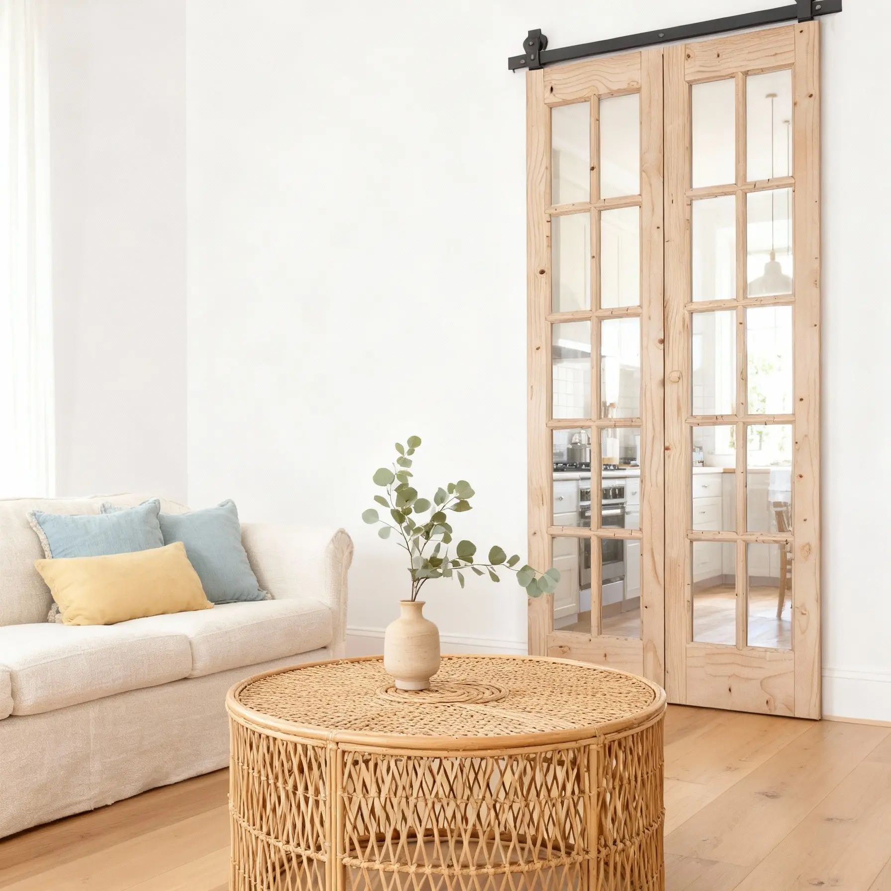 Easelife Sliding French Glass Door – Natural Wood, Exterior Mount for Farmhouse, Transitional or Scandinavian Interiors, Hardware Kit Included Entryway Elegant Wooden Storage Closet