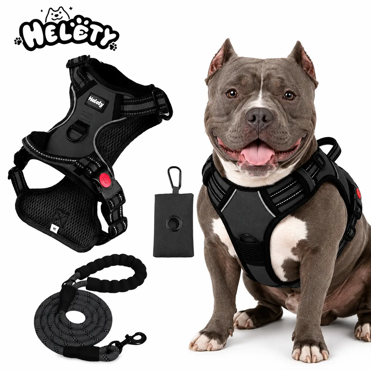 Helety 360° Reflective  Collar - Night Safety Edition - Black high-visibility vest, with 3M stripes, anti-sprawl buckle, breathable padded design, no-tangle walking set safe security pet outdoor walk metal secure Heavy Duty Tactical  Collar harness