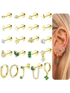 Dazzling 21 Pcs Golden Gentle Flat Back Earrings Stylish Green Zirconia Hypoallergenic Copper 304 Surgical Steel Earrings for Women Men Retro Stud Hoop Earrings Stack Cartilage Earring Stack Conch Daith Tragus Helix Piercing Jewelry Set