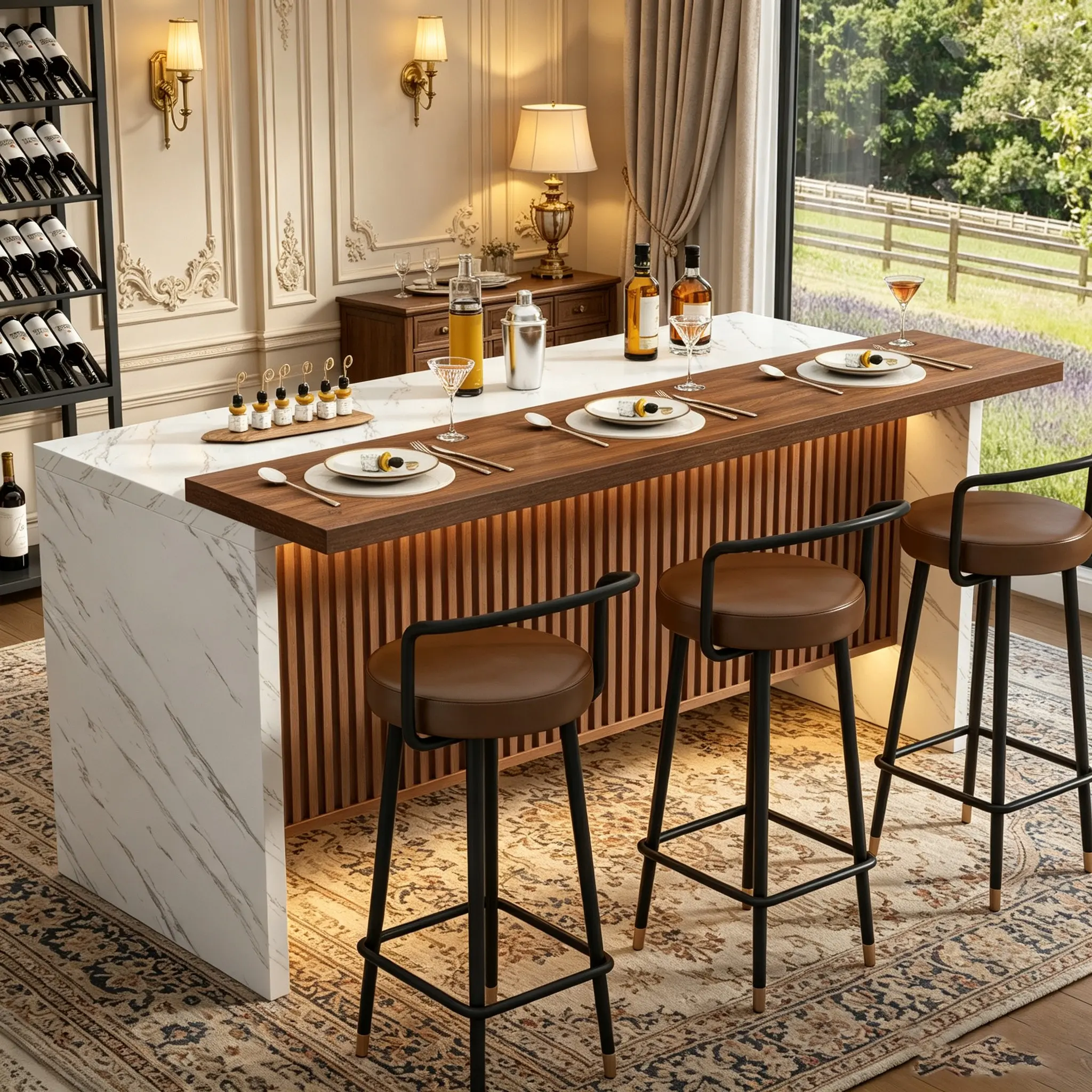 71" Large Imitation Marble Bar Table, Modern Kitchen Island Table with LED Light & Grille Design, Luxury Dining Table for Kitchen, White and Brown Marble Stripes Dining Table for Basement