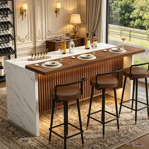 71" Large Imitation Marble Bar Table, Modern Kitchen Island Table with LED Light & Grille Design, Luxury Dining Table for Kitchen, White and Brown Marble Stripes Dining Table for Basement