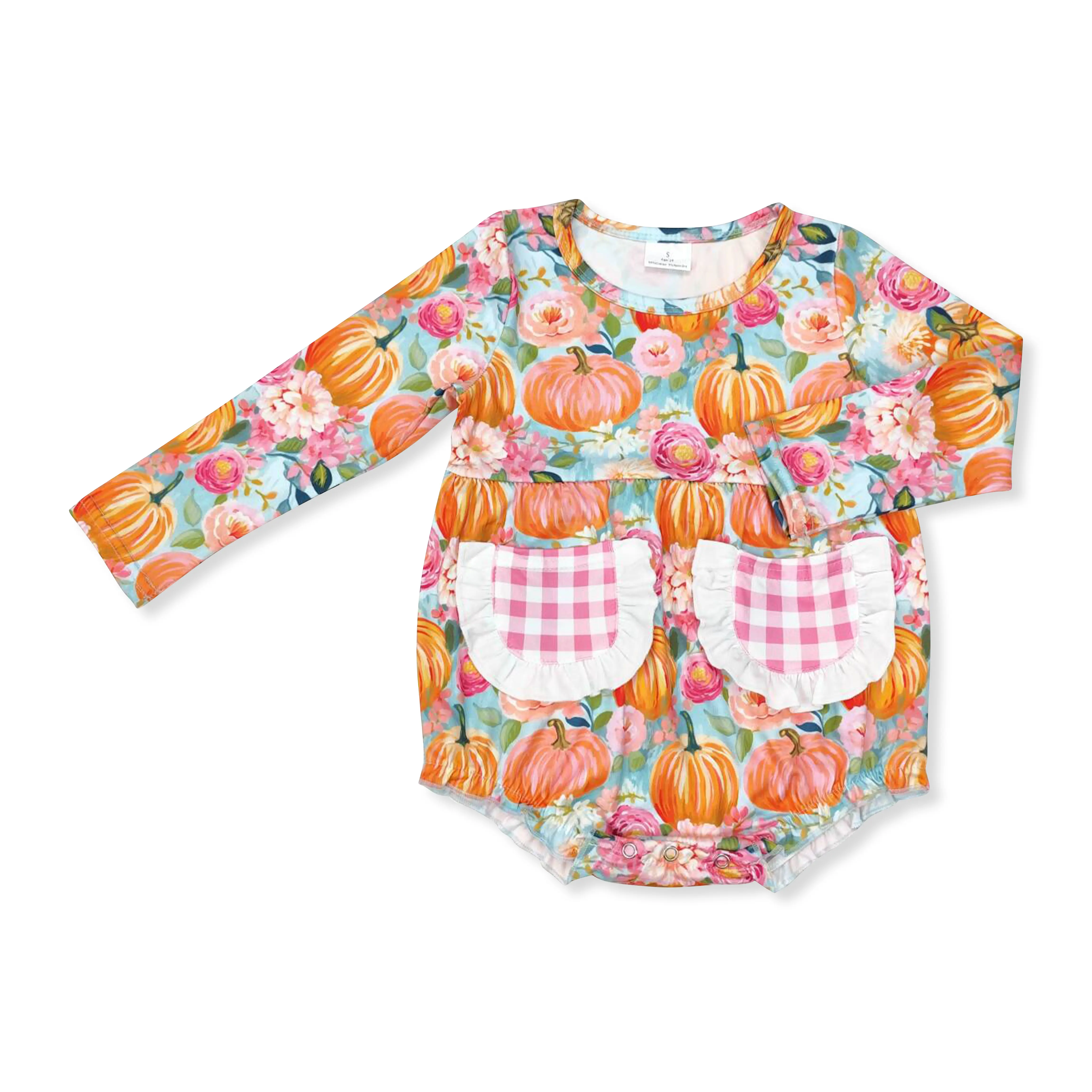 Toddler Girls' Soft Jumpsuit, Long Sleeve Fall Playwear with Pumpkin Floral Print and Pockets, Toddler Jumpsuit