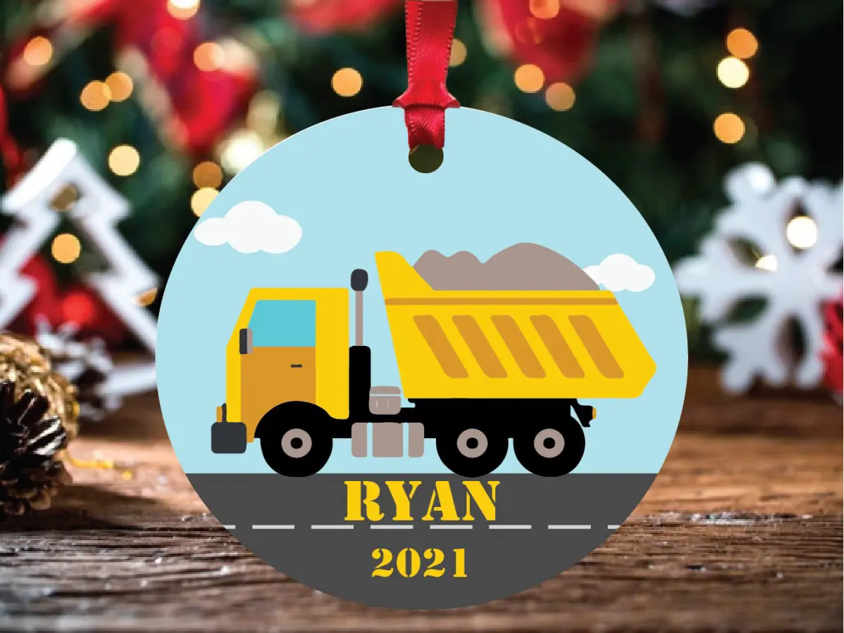 Personalized Dump Truck Name Year Christmas Ornament, Yellow Dump Truck Themed Gift Ideas, Kids Personalized Gift, Custom Yearly Ornament