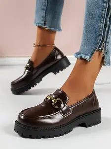 Elegant Thick Sole Loafers Women Patent Leather Chunky Heel Slimming Shoes, Fall Winter British Style Short Height Increase Single Shoe