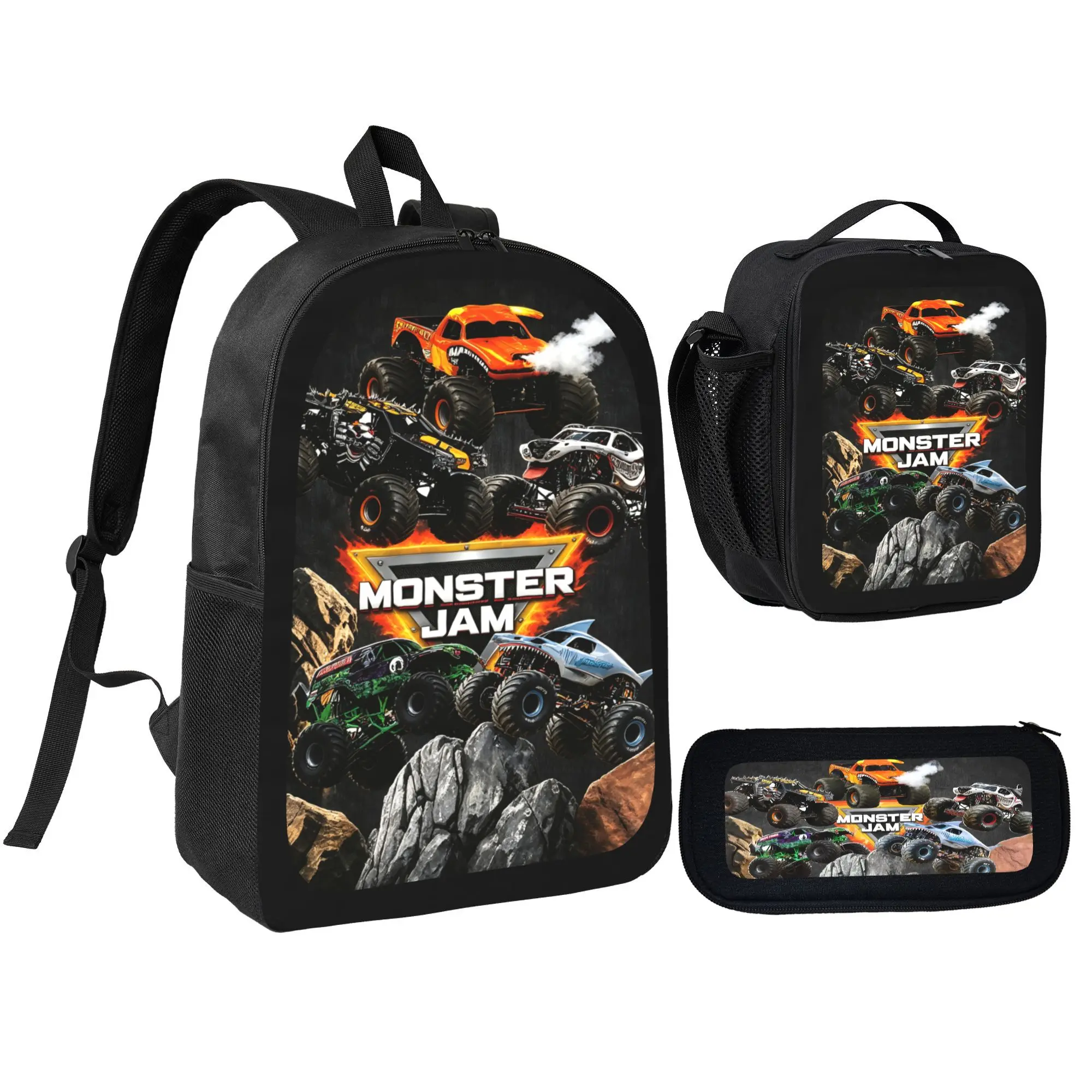 Big Monster Truck Backpack Set, 3 Piece Racing Backpack with Lunch Bag & Pencil Case, Cool Kids School Bag for Boys, Adventure Gift