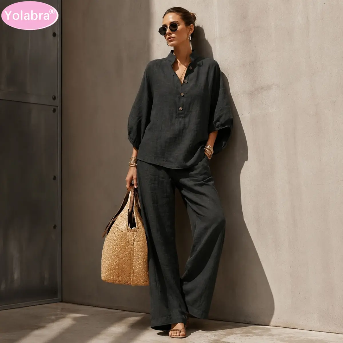 Yolabra Linen Blend Stand-Collar Batwing Sleeve Two-Piece Set Oversized Half-Button Top & Wide Leg Pants Co-Ord Breathable Loungewear Set For Casual & Travel Relaxed Fit Neutral Linen Loungewear Suit Inclusive Plus Size Two-Piece Outfit