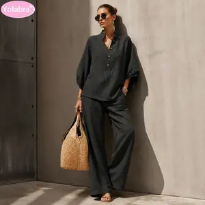Yolabra Linen Blend Stand-Collar Batwing Sleeve Two-Piece Set Oversized Half-Button Top & Wide Leg Pants Co-Ord Breathable Loungewear Set For Casual & Travel Relaxed Fit Neutral Linen Loungewear Suit Inclusive Plus Size Two-Piece Outfit