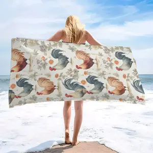 Farmhouse Rooster Floral Print Beach Towel, Design Beach Towel, Super Absorbent Microfiber Mat, Reusable Bath Towel for Travel, Pool, Diving, Yoga, Camping
