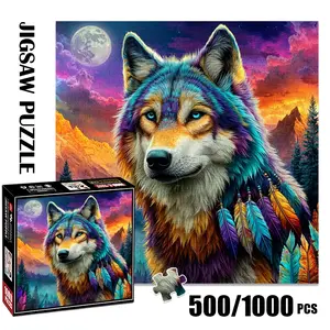 1pc 1000 piece adult puzzle 58x58cm Colorful Wolf with Feathers under Moonlit Mountain Sky 500 pieces of paper puzzle, suitable for adults and families, large-scale DIY puzzle interactive toy games